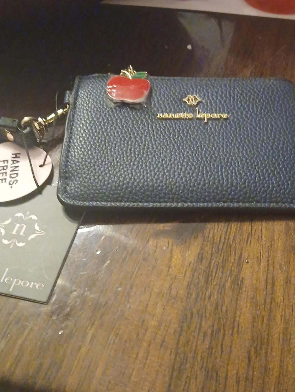 Nanette Lepore Black Pebbled Leather Card & Key Holder with Red Apple Charm